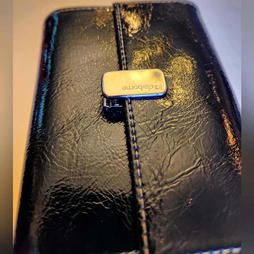 Liz Claiborne patent finish black‎ leather quad fold wallet
